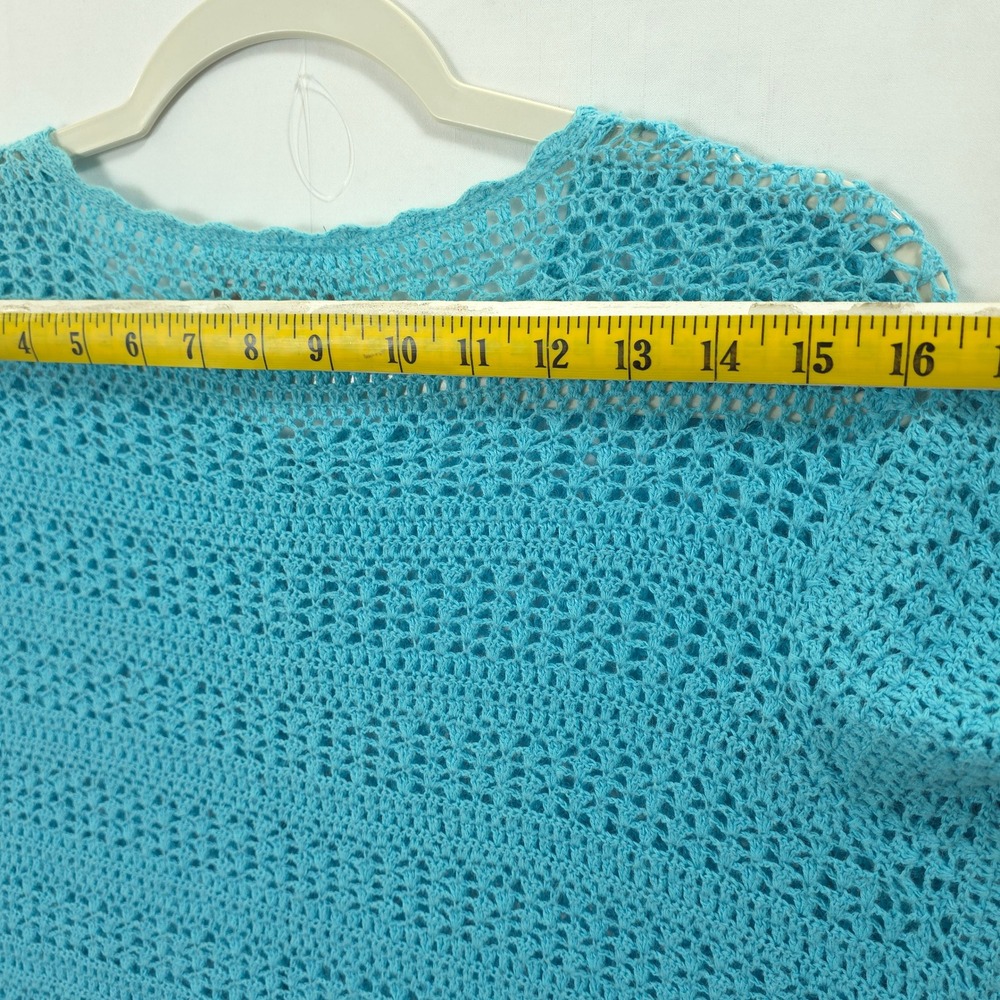 Turquoise Blue Crochet Cardigan Button Front Layering M Short Sleeve Cottagecore - Picture 6 of 10